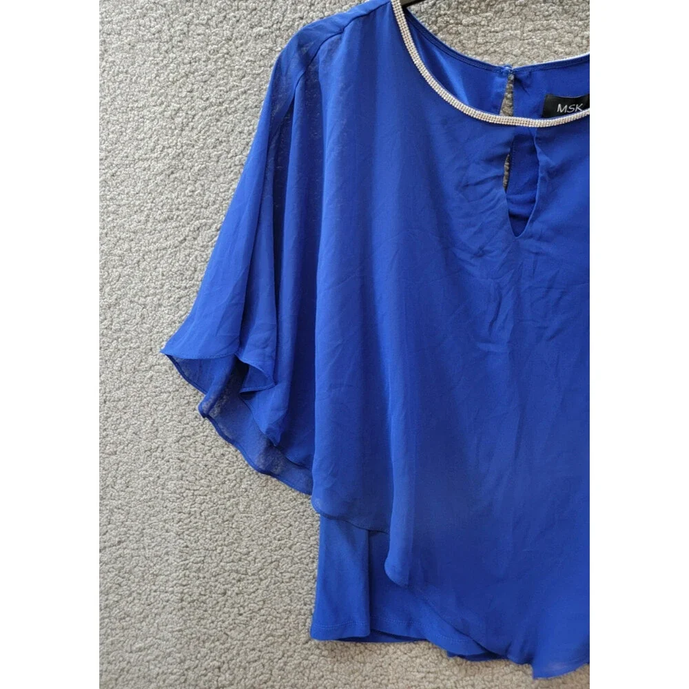 MSK Embellished Overlay Top Women's XL Goddess Blue Solid Scoop Neck Button Back - Picture 5 of 14